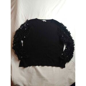 Sioni Milano Pullover Sweater Womens XL Black Knit Feather Sequin Sleeve Evening